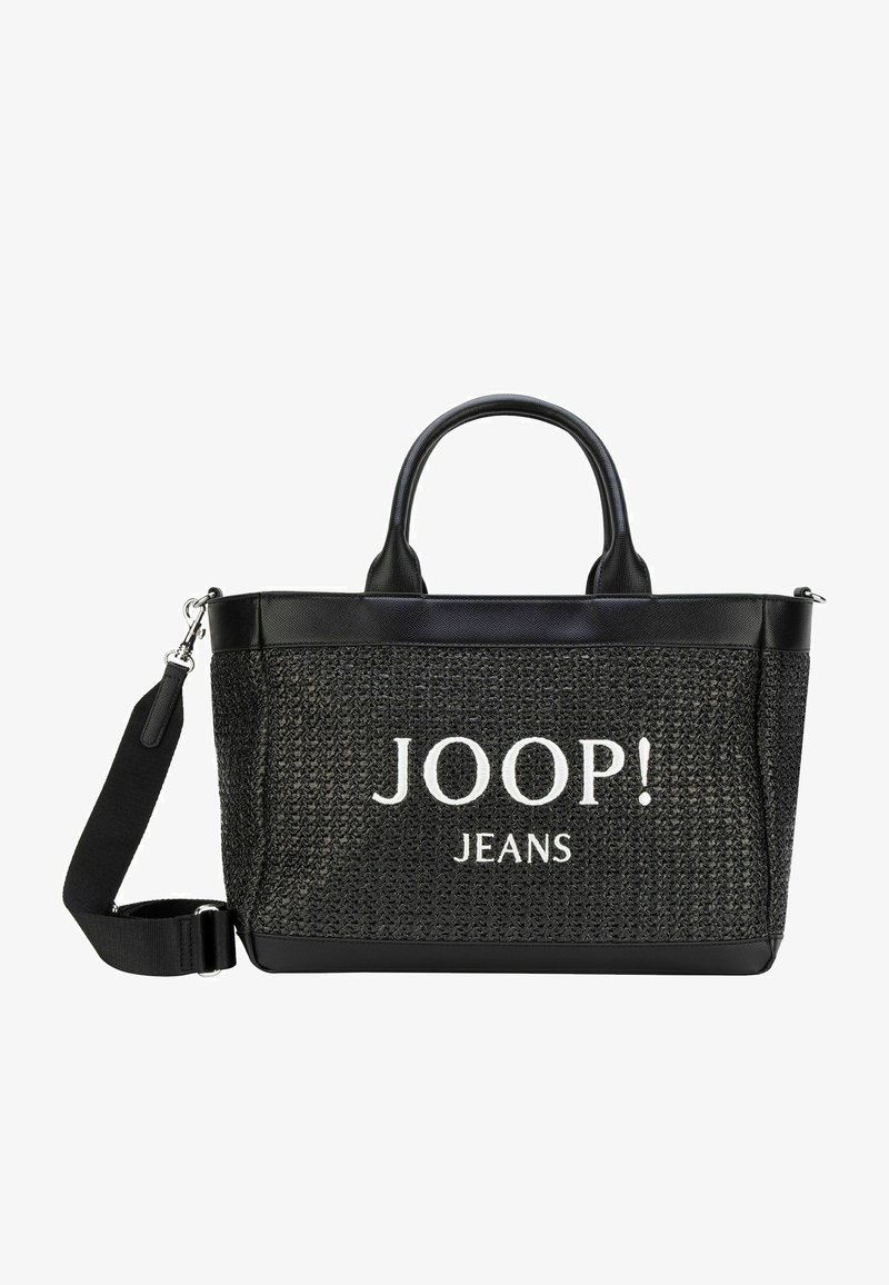Bolso tote negro con textura, dos asas, una correa de hombro ajustable y el logo "JOOP! JEANS" en blanco en la parte delantera.