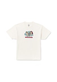 Camiseta de algodón crema de manga corta con un gráfico colorido de querubines y un logo de diamante, con "VOLCOM" en letras rojas en negrita.