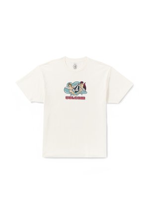 T-shirt en coton crème à manches courtes, arborant un graphique coloré de chérubins et un logo en diamant, avec "VOLCOM" en lettres rouges en gras.