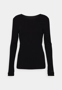 Black long-sleeve top with a scoop neckline, made from a smooth, stretchy fabric. Features fitted sleeves and a subtle logo on the left cuff.