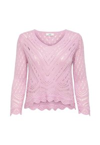 Pull tricot à manches longues lilas avec encolure en V, motif en dentelle, ourlet festonné et design en ajouré complexe sur toute la surface.