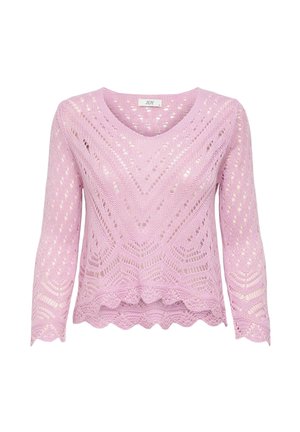 Lila, gebreide trui met lange mouwen en V-hals, met kantachtig patroon, geschulpte zoom en een ingewikkeld opengewerkt ontwerp over de hele trui.