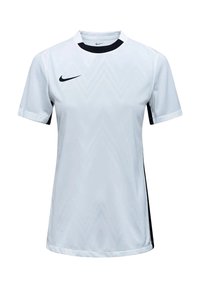 Weißes Nike-Sporttrikot mit schwarzem Kragen und Akzenten, das ein Chevron-Muster auf der Vorderseite hat. Hergestellt aus leichtem, atmungsaktivem Material.