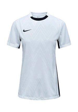 Weißes Nike-Sporttrikot mit schwarzem Kragen und Akzenten, das ein Chevron-Muster auf der Vorderseite hat. Hergestellt aus leichtem, atmungsaktivem Material.