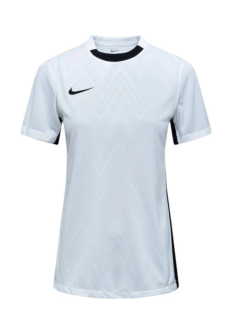 Weißes Nike-Sporttrikot mit schwarzem Kragen und Akzenten, das ein Chevron-Muster auf der Vorderseite hat. Hergestellt aus leichtem, atmungsaktivem Material.