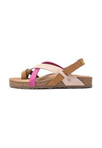 Bruine en beige sandalen met roze accenten. Gemaakt van suede en kurk, met een kruisbandontwerp en een getextureerde rubberen zool voor grip.