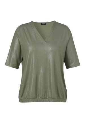 Olivgrüne, kurzärmelige V-Ausschnitt-Bluse mit glänzendem Stoff, entspannter Passform und elastischem Saum, mit dem Etikett "Via Appia Due".