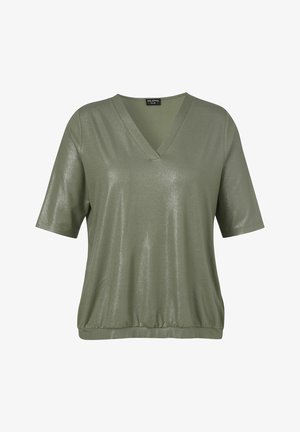 Blouse brillante à manches courtes en olive vert avec encolure en V, coupe décontractée et ourlet élastiqué, étiquetée "Via Appia Due".