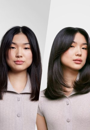 Vergelijking naast elkaar van een vrouw met steil zwart haar voor en na een volumineuze, gelaagde coupe, gekleed in een beige geribbelde top met knopen.