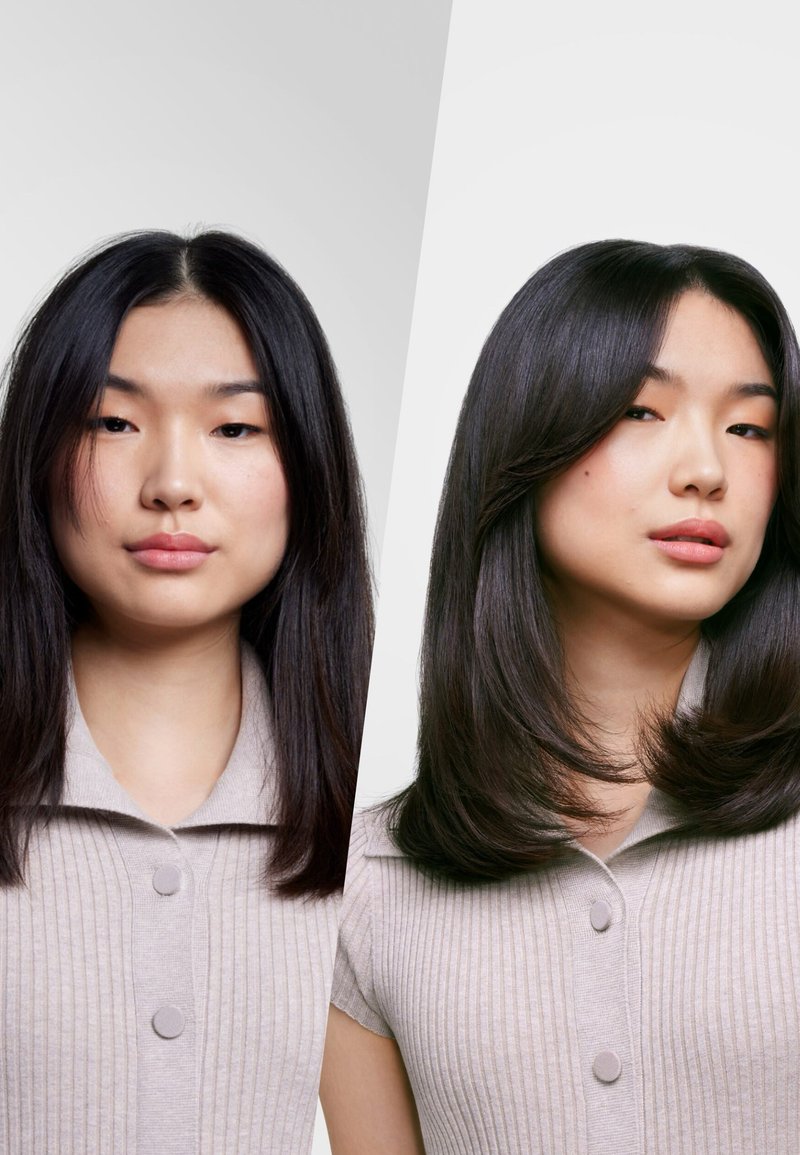 Confronto affiancato di una donna con capelli neri lisci prima e dopo un taglio di capelli voluminoso e stratificato, indossando un top beige a coste con bottoni.