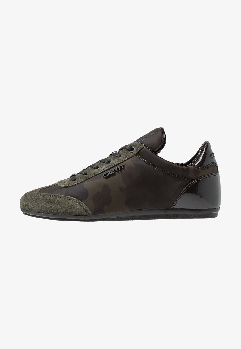 Baskets basses pour hommes avec un motif camouflage noir et vert foncé, embout en daim, talon noir brillant, et logo "Cruyff" sur le côté.