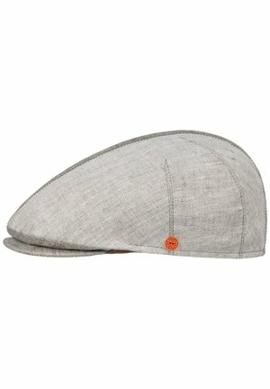 Light gray herringbone flat cap with a small round red tag on the side, featuring stitching details and a short brim.