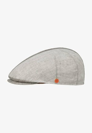 Light gray herringbone flat cap with a small round red tag on the side, featuring stitching details and a short brim.