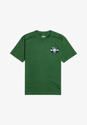 Zielony bawełniany t-shirt z krótkim rękawem. Posiada grafikę winylowej płyty na lewej piersi, z niebieskim i czarnym napisem "RVCA".