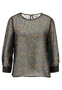 Läpinäkyvä musta bluska, jossa on hajallaan oranssi kukkakuosi, pyöreä kaula-aukko, pitkät hihat ja napitus takana.