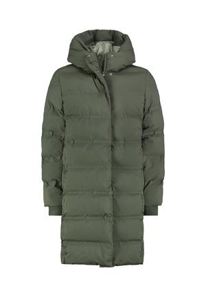 Long, puffy parka in olive green with a hood, snap buttons, and ribbed cuffs. Features a quilted texture for warmth and insulation.