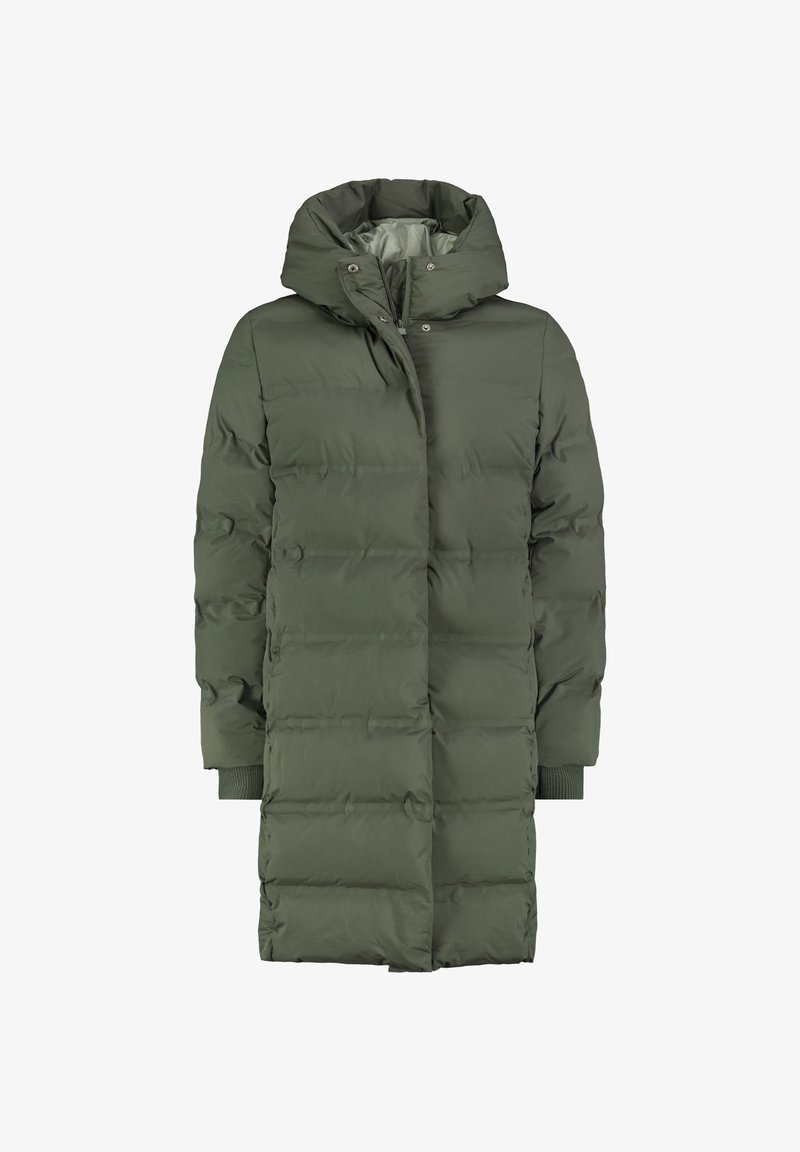 Long, puffy parka in olive green with a hood, snap buttons, and ribbed cuffs. Features a quilted texture for warmth and insulation.