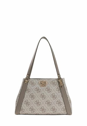 Sac fourre-tout beige à motif monogramme, texture lisse, ferrures dorées, deux anses d'épaule, et un charm verrou décoratif.