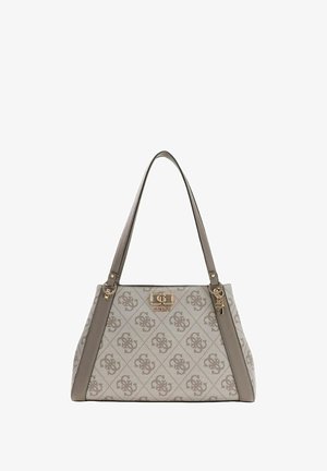 Sac fourre-tout beige à motif monogramme, texture lisse, ferrures dorées, deux anses d'épaule, et un charm verrou décoratif.