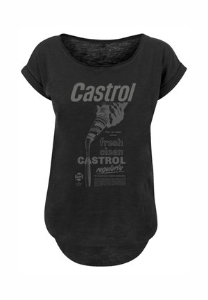 Schwarzes Kurzarmshirt mit dem Vintage-Castrol-Logo und Text, der den regelmäßigen Gebrauch für frischen, sauberen Motorschutz bewirbt.