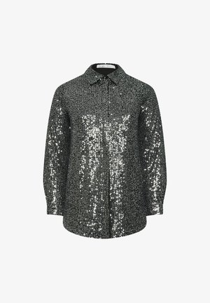 Zwarte overhemd met knopen, bedekt met zilveren pailletten. Heeft een klassieke kraag en lange mouwen, die een glanzend, textuurvol uiterlijk bieden.