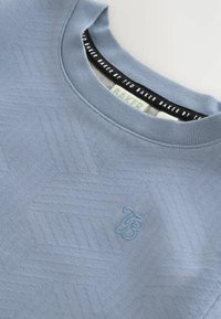 Lichtblauwe sweatshirt met een gestructureerd geometrisch patroon, geribde kraag en geborduurd logo in bijpassende kleur. Labels zichtbaar aan de binnenkant van de halslijn.