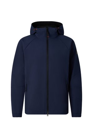 Ciemnoniebieska bluza z kapturem, z przednim zamkiem błyskawicznym, kieszeniami na zamek po bokach oraz elastycznymi mankietami, prezentowana na białym tle.