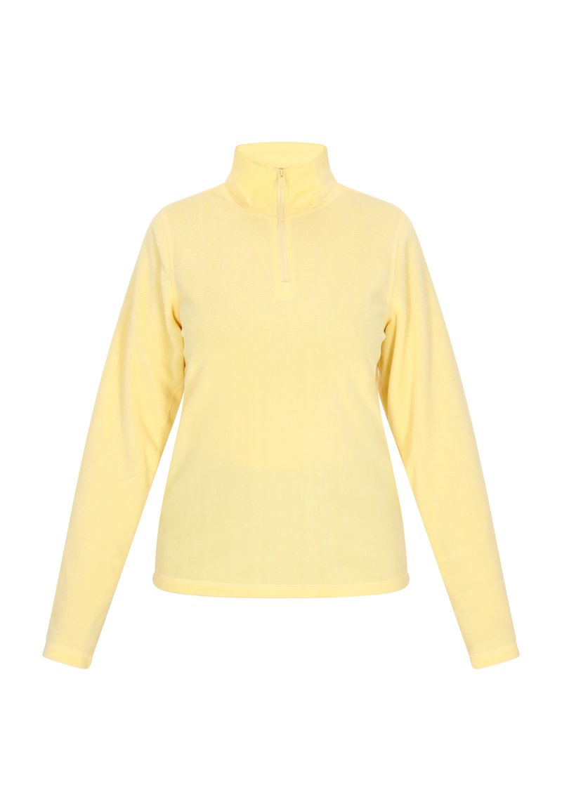 Gelber Fleece-Pullover mit hohem Kragen und halbem Reißverschluss. Lange Ärmel und eine glatte Textur, ideal zum Schichten.