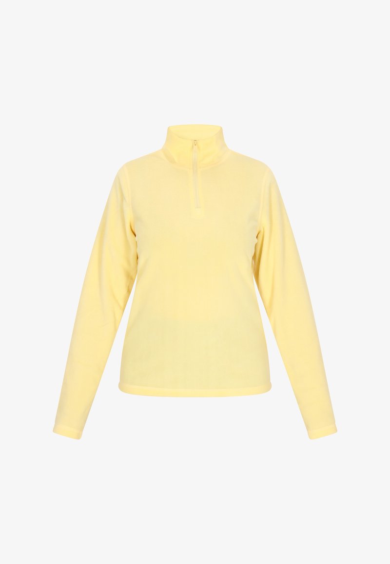 Geel fleece pullover met hoge kraag en rits tot de helft. Lange mouwen en een gladde textuur, geschikt om te dragen in lagen.