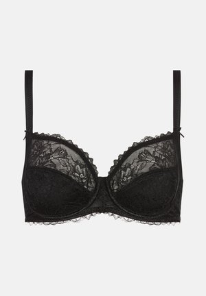 Soutien-gorge en dentelle noire avec armatures et motifs floraux. Présente des bords festonnés et des bretelles réglables, conçu pour un maintien structuré.