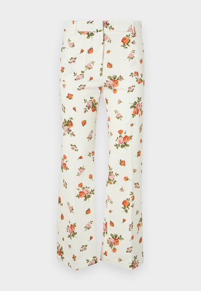 Floral pants made of lightweight fabric, featuring an off-white base with pink and orange rose patterns, straight-leg design, and two back pockets.