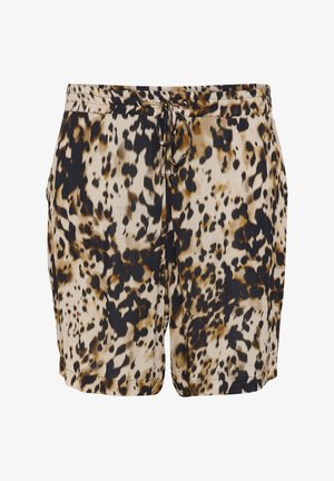 Șorturi cu imprimeu leopar, în nuanțe de bej, maroniu și negru. Prezintă o talie elastică cu șnur și buzunare laterale. Realizate dintr-un material ușor.