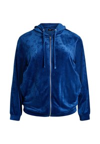 Blauer Samt-Reißverschluss-Hoodie mit einem strukturierten Sternenmuster, zwei Fronttaschen und einer Kapuze mit Kordelzug. Gerippte Bündchen und Saum. Weiches Finish.