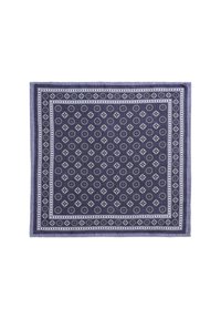 Tappeto blu navy con un design geometrico, caratterizzato da piccoli diamanti bianchi e motivi circolari, bordato da un bordo blu navy solido.
