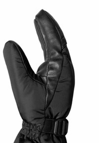 Schwarze Fäustlinge aus gestepptem Stoff mit Lederakzenten. Sie verfügen über einen Stulpenstil mit einem verstellbaren Riemen und einem gerafften Handgelenk für zusätzliche Wärme.