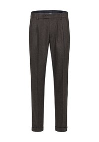 Brown wool trousers with a textured finish, featuring a flat front, two pleats, and rolled cuffs. Includes a button closure and belt loops.