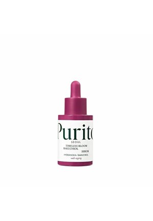 Lila Tropfflasche des Purito Timeless Bloom Bakuchiol Serums mit Hortensie für eine gut alternde Hautpflege.