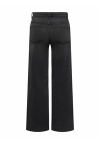 Jean en denim noir à jambe large, vu de l'arrière avec deux poches arrière, des passants de ceinture et une taille mi-haute.