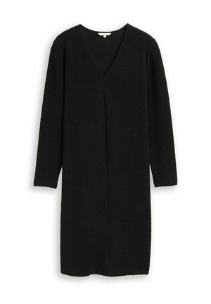 Schwarzes Strickkleid mit V-Ausschnitt, langen Ärmeln und geradem Schnitt. Es verfügt über einen strukturierten Stoff mit subtilen Mustern und einem knielangen Saum.