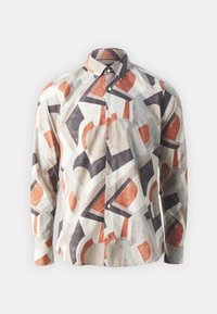 Camicia a maniche lunghe con un motivo geometrico nei colori crema, arancione, blu scuro e grigio. Il tessuto sembra leggero e presenta un colletto con bottoni.