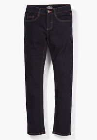 Jeans de mezclilla azul oscuro con un corte ajustado, presentan costuras naranjas, cinco bolsillos y un logo en la cinturilla. Textura suave, piernas rectas.