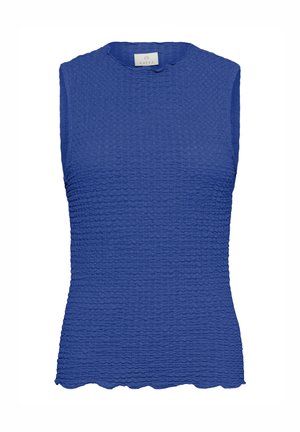 Haut sans manches bleu en tissu texturé, avec un ourlet festonné et un col rond, conçu avec une silhouette ajustée.