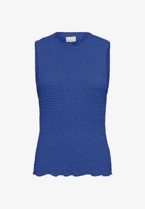 Haut sans manches bleu en tissu texturé, avec un ourlet festonné et un col rond, conçu avec une silhouette ajustée.