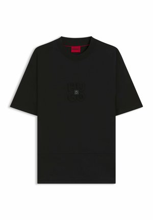 Black t-shirt with a crew neckline, short sleeves, and a textured embossed logo on the front. Made from a smooth fabric.