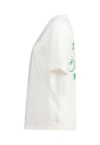 White cotton t-shirt with short sleeves, a crew neck, and green graphic design featuring swirls and text on the front side.