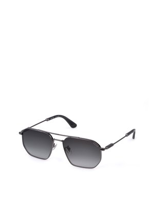Lunettes de soleil à monture métallique noire avec verres rectangulaires à dégradé foncé et branches fines sur fond blanc.