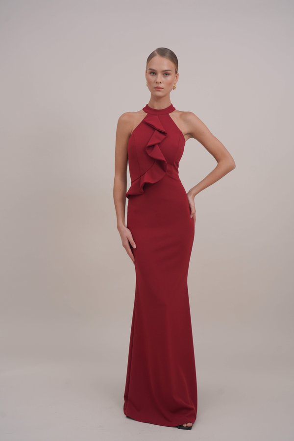 TILLY RUFFLE HALTER NECK MAXI DRESS - Occasion wear - wine