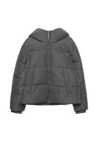 Padded black jacket with a hood, featuring vertical quilted design, front zip closure, and two side pockets. Soft, smooth fabric texture.