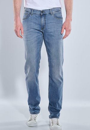Light blue denim jeans with a straight cut, five pockets, and subtle fading. Features contrasting thread stitching and a button fly closure.