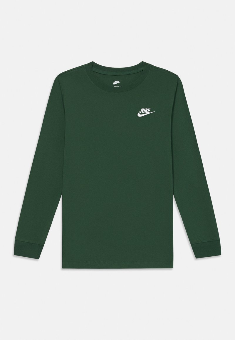 Σκούρο πράσινο μπλουζάκι Nike μακρυμάνικο με λευκό λογότυπο Nike και swoosh στο αριστερό στήθος, στρογγυλή λαιμόκοψη και ριμπ cuffs.